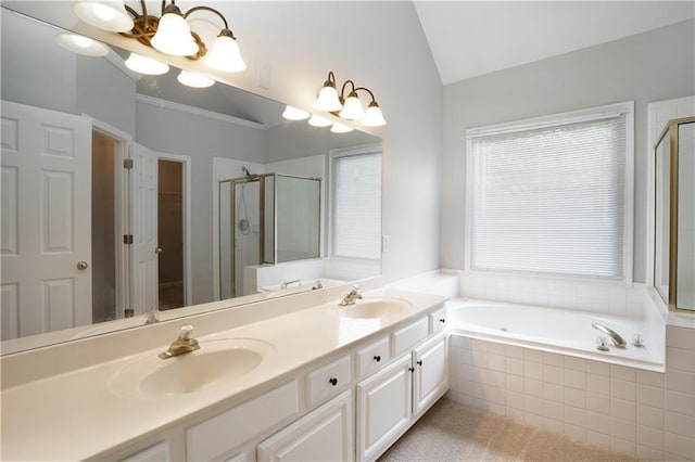 655 Golden Meadows Ln, Suwanee, GA 30024 - full bath with a chandelier, vaulted ceiling, a shower stall, a bath, and double vanity