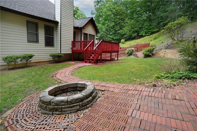 655 Golden Meadows Ln, Suwanee, GA 30024 - view of patio / terrace featuring a fire pit, a deck, and stairway