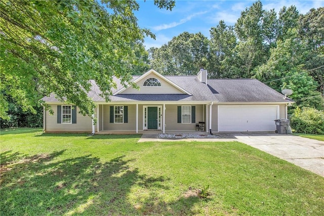 60 Cypress Dr, Covington, GA 30016 - view of front of house featuring a garage, driveway, a front lawn, a chimney, and covered porch