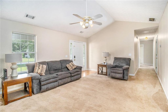 60 Cypress Dr, Covington, GA 30016 - living room with carpet, a ceiling fan, and vaulted ceiling