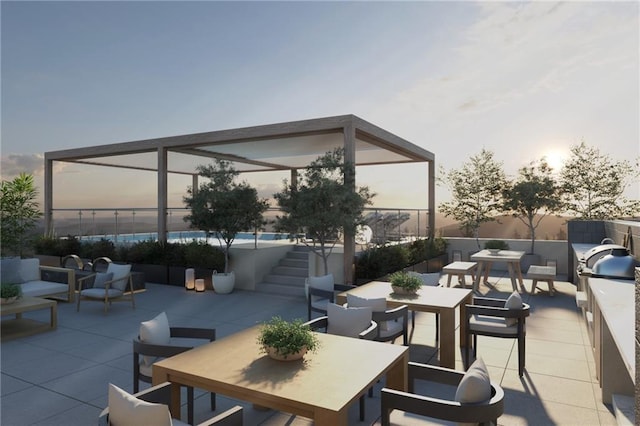 318 Sandy Springs Cir Unit 260, Sandy Springs, GA 30328 - patio terrace at dusk with outdoor dining space, a patio area, a lanai, and a swimming pool