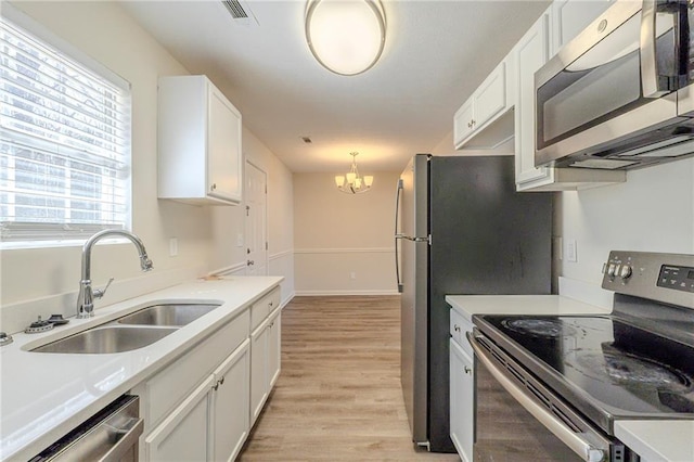 kitchen with appliances with stainless steel finishes, a sink, and white cabinetry