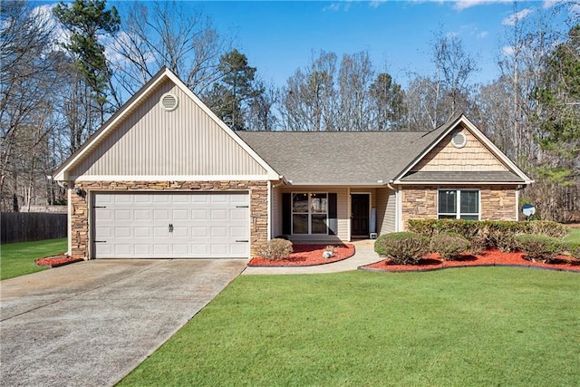 view of front of property featuring a garage, a shingled roof, stone siding, driveway, and a front yard