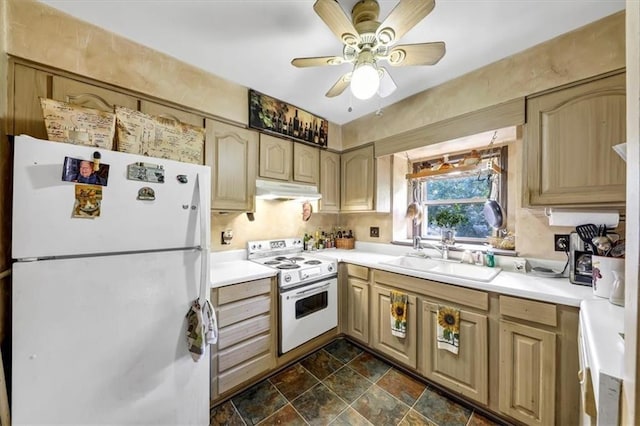 68 Montre Sq NW, Atlanta, GA 30327 - kitchen with ceiling fan, light brown cabinets, white appliances, and sink