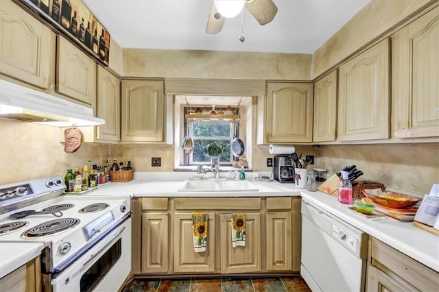 68 Montre Sq NW, Atlanta, GA 30327 - kitchen featuring light brown cabinetry, ceiling fan, sink, and white appliances