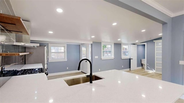 kitchen featuring ornamental molding, sink, plenty of natural light, and light wood-type flooring