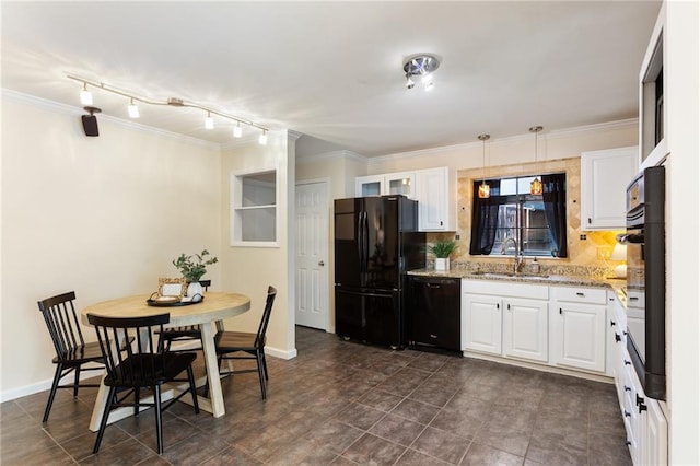 kitchen featuring decorative backsplash, sink, light stone countertops, black appliances, and white cabinetry