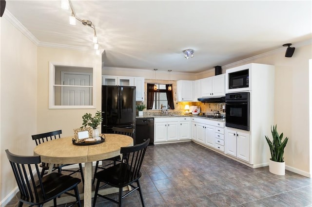 kitchen featuring black appliances, sink, backsplash, white cabinetry, and crown molding