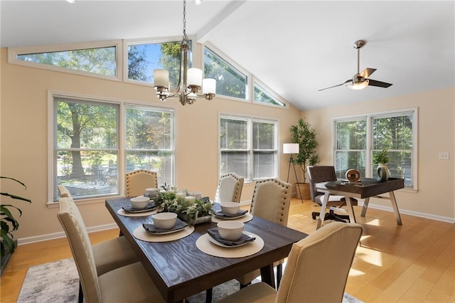 dining space with light hardwood / wood-style floors, beamed ceiling, high vaulted ceiling, and plenty of natural light