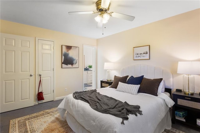 carpeted bedroom featuring ceiling fan