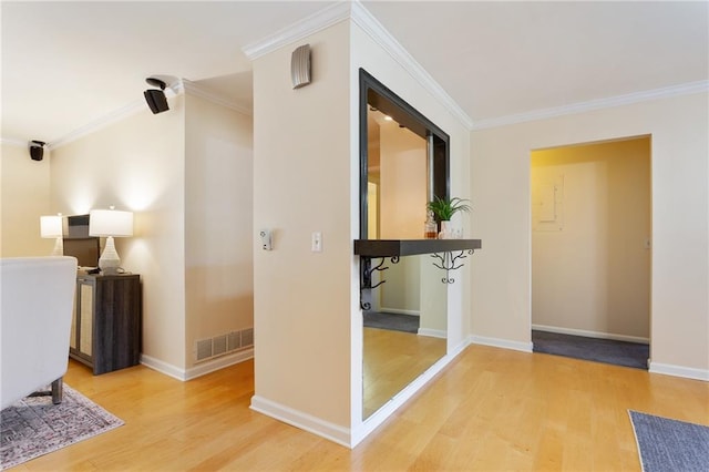 corridor featuring crown molding and wood-type flooring