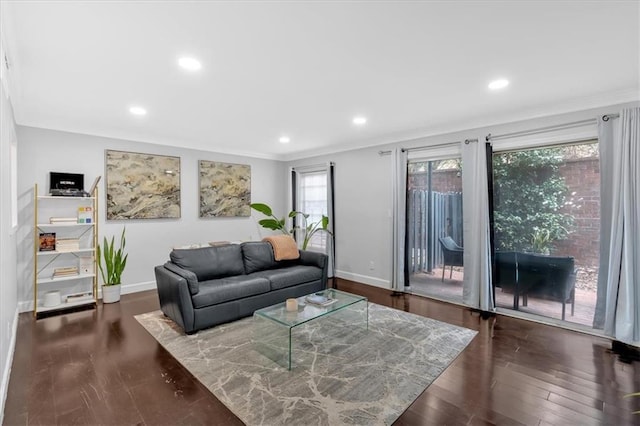 living room featuring ornamental molding and dark wood-type flooring