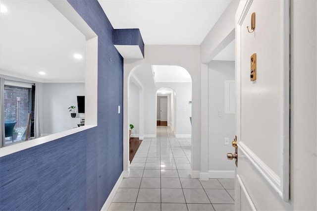 6851 Roswell Rd Unit J1, Atlanta, GA 30328 - corridor with light tile patterned floors, arched walkways, baseboards, and recessed lighting