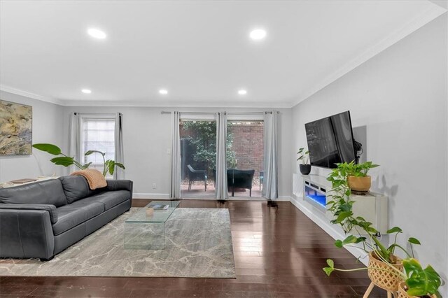 6851 Roswell Rd Unit J1, Atlanta, GA 30328 - living room with crown molding, recessed lighting, baseboards, and wood finished floors