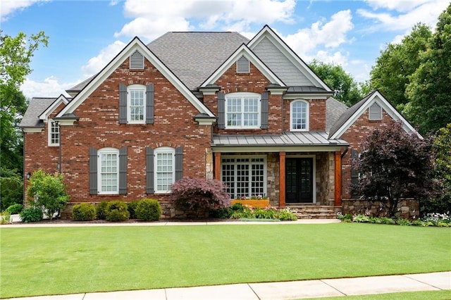 2260 Falkirk Pointe Dr, Marietta, GA 30062 - view of front of house featuring a standing seam roof, a front lawn, a porch, and brick siding