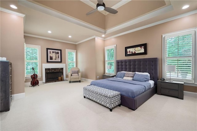 2260 Falkirk Pointe Dr, Marietta, GA 30062 - bedroom with carpet, multiple windows, recessed lighting, ornamental molding, and a premium fireplace