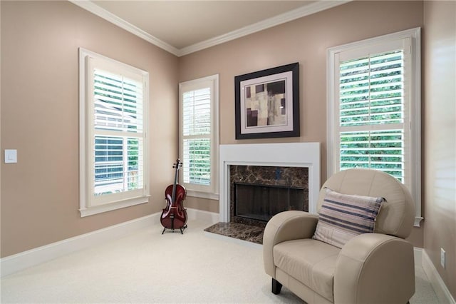 2260 Falkirk Pointe Dr, Marietta, GA 30062 - sitting room featuring carpet flooring, ornamental molding, and a high end fireplace