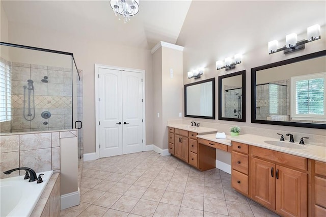2260 Falkirk Pointe Dr, Marietta, GA 30062 - full bath featuring double vanity, a stall shower, a garden tub, tile patterned flooring, and vaulted ceiling