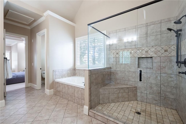 2260 Falkirk Pointe Dr, Marietta, GA 30062 - ensuite bathroom with a bath, a stall shower, ornamental molding, and tile patterned floors
