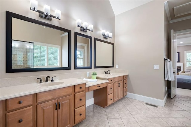2260 Falkirk Pointe Dr, Marietta, GA 30062 - ensuite bathroom featuring double vanity, tile patterned flooring, and ornamental molding