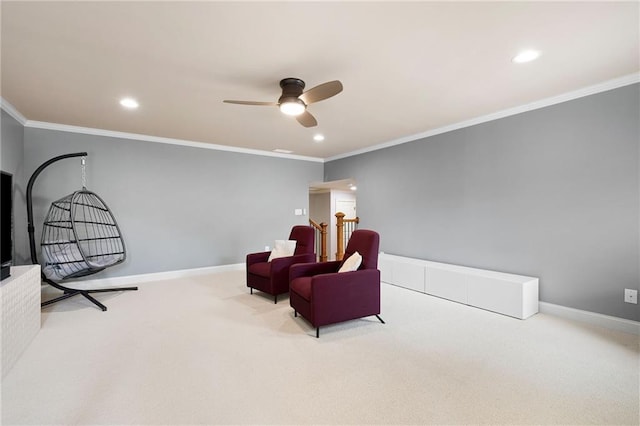 2260 Falkirk Pointe Dr, Marietta, GA 30062 - living area featuring ceiling fan, carpet floors, recessed lighting, and ornamental molding