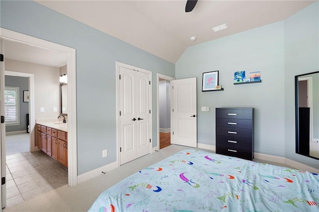 2260 Falkirk Pointe Dr, Marietta, GA 30062 - bedroom with lofted ceiling, light carpet, ensuite bathroom, a closet, and ceiling fan