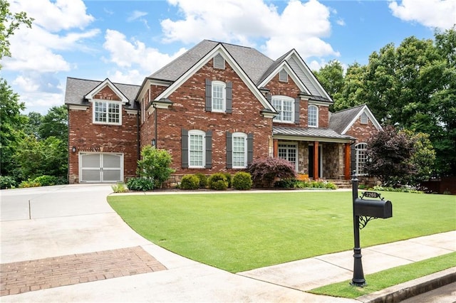 2260 Falkirk Pointe Dr, Marietta, GA 30062 - view of front of house with driveway, a front lawn, an attached garage, brick siding, and stone siding