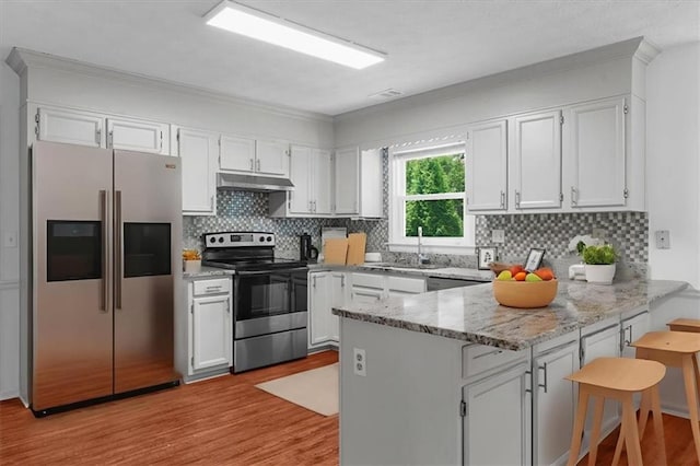 1410 Kingfield Dr, Johns Creek, GA 30005 - kitchen featuring appliances with stainless steel finishes, a peninsula, under cabinet range hood, light wood-type flooring, and light stone countertops