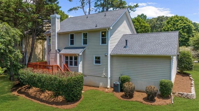 1410 Kingfield Dr, Johns Creek, GA 30005 - rear view of house with a chimney, a lawn, a shingled roof, and a wooden deck