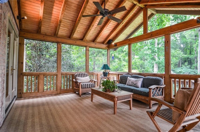4366 Cedar Wood Dr SW, Lilburn, GA 30047 - sunroom / solarium featuring a ceiling fan, vaulted ceiling, an outdoor living space, and healthy amount of natural light