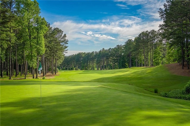 view of community with golf course view and a yard