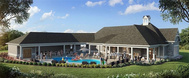 rear view of property with an outdoor pool, a patio area, a lawn, and roof with shingles