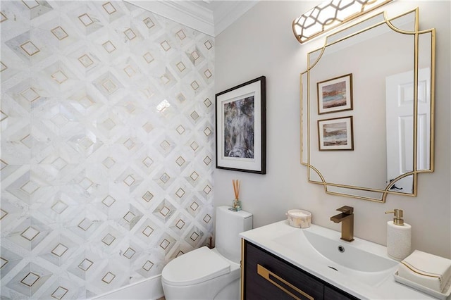 bathroom with walk in shower, vanity, and toilet
