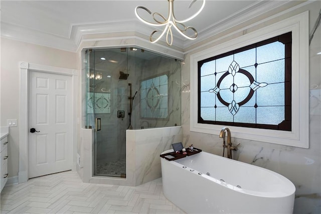 full bath featuring ornamental molding, a stall shower, a chandelier, and a healthy amount of sunlight