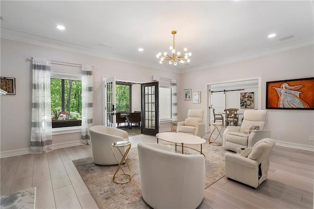 living area featuring a notable chandelier, french doors, ornamental molding, and baseboards