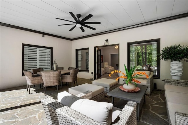exterior space featuring ceiling fan, an outdoor hangout area, and outdoor dining area