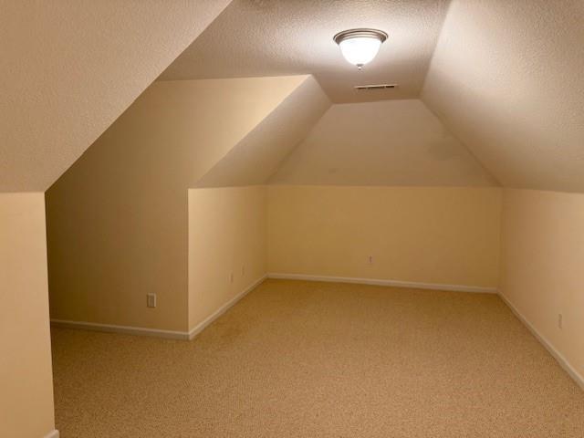 240 Huiet Dr, Mcdonough, GA 30252 - bonus room with a textured ceiling, light carpet, vaulted ceiling, and baseboards