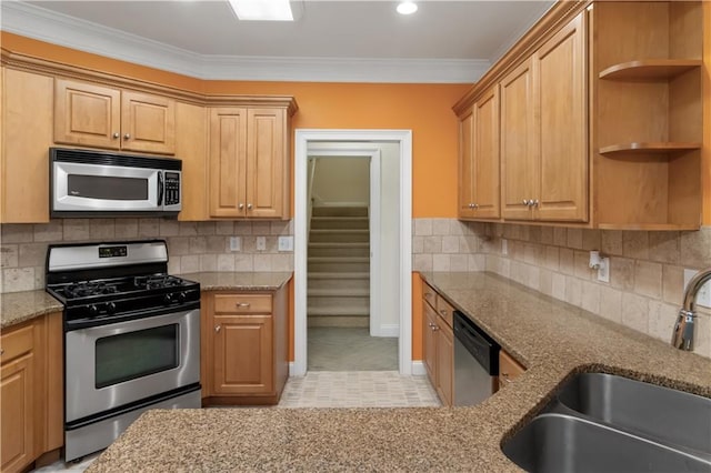 240 Huiet Dr, Mcdonough, GA 30252 - kitchen with stainless steel appliances, a sink, light stone countertops, open shelves, and ornamental molding