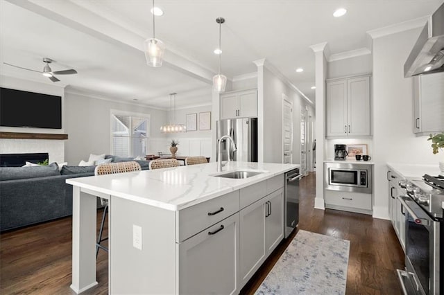 2005 Haley Walk, Woodstock, GA 30188 - kitchen featuring appliances with stainless steel finishes, a sink, open floor plan, wall chimney range hood, and ornamental molding