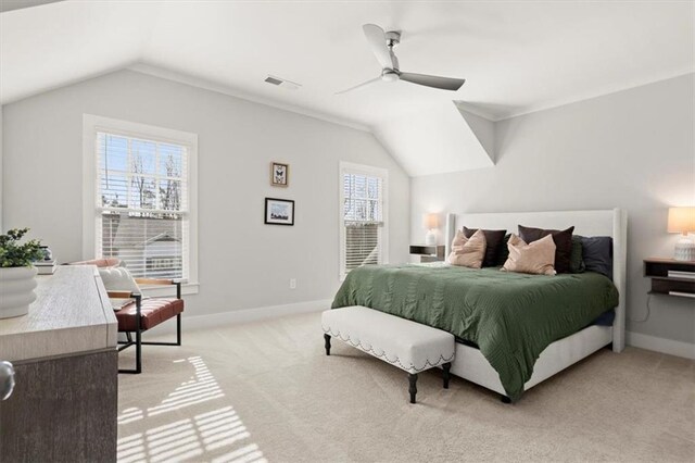 2005 Haley Walk, Woodstock, GA 30188 - bedroom with vaulted ceiling, light carpet, baseboards, and a ceiling fan