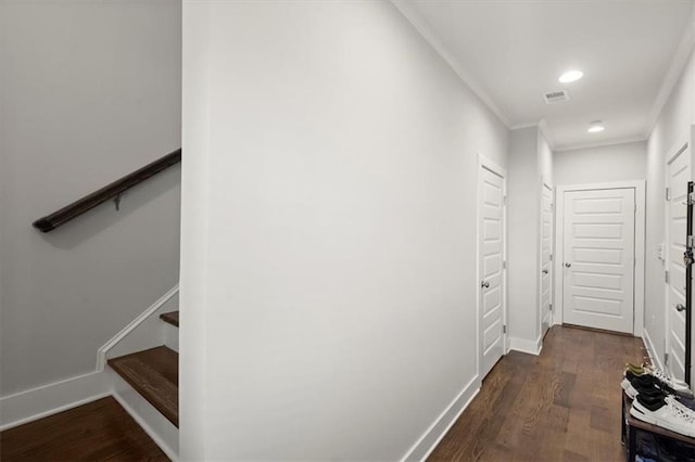 2005 Haley Walk, Woodstock, GA 30188 - corridor featuring dark wood-type flooring, crown molding, baseboards, stairway, and recessed lighting