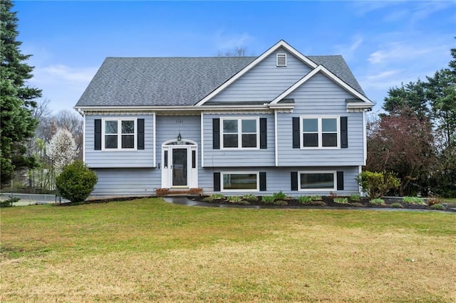 bi-level home featuring roof with shingles and a front lawn