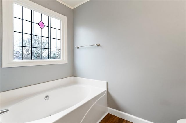 full bathroom featuring a bath, baseboards, and wood finished floors