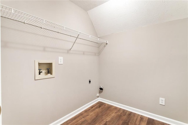 washroom with baseboards, washer hookup, laundry area, electric dryer hookup, and dark wood-style flooring