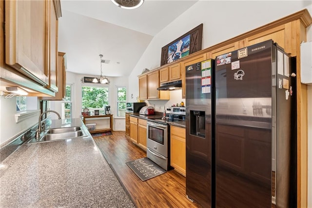 5102 Yellow Stone Dr, Flowery Branch, GA 30542 - kitchen with stainless steel electric stove, a sink, refrigerator with ice dispenser, under cabinet range hood, and lofted ceiling