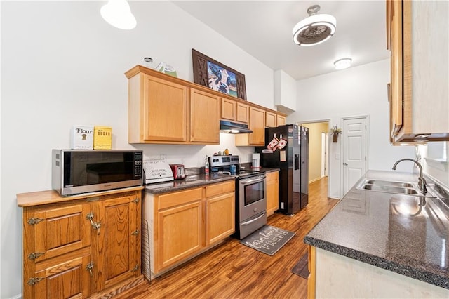 5102 Yellow Stone Dr, Flowery Branch, GA 30542 - kitchen with stainless steel appliances, a sink, wood finished floors, under cabinet range hood, and dark countertops