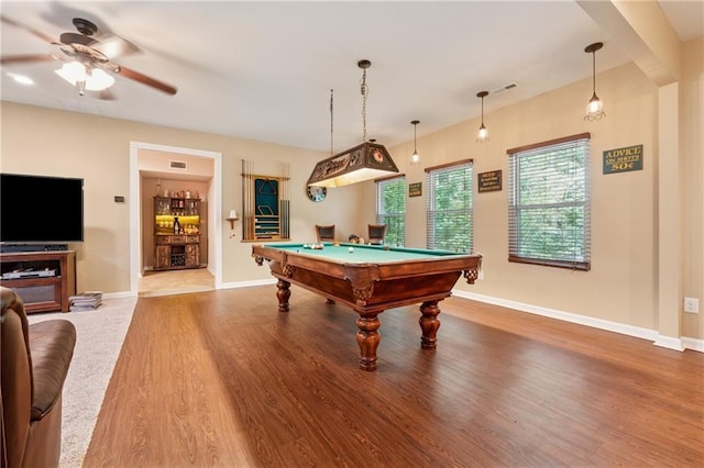 5102 Yellow Stone Dr, Flowery Branch, GA 30542 - rec room with wood finished floors, a ceiling fan, billiards, and baseboards