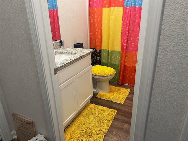 bathroom featuring toilet, vanity, and hardwood / wood-style flooring