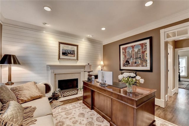 office space featuring crown molding and wood-type flooring