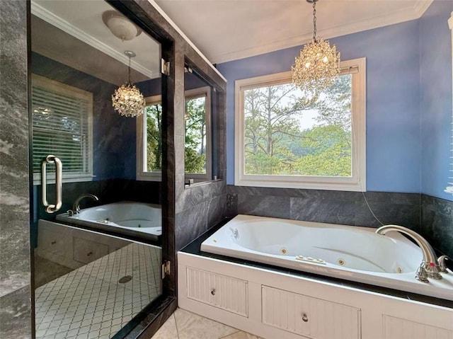 8710 Mount Rushmore Dr, Johns Creek, GA 30022 - full bathroom with a chandelier, a tub with jets, and ornamental molding
